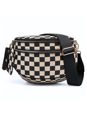 Checkered Crossbody Bum Bag Nylon Belt Bag Black White Plaid Crescent Purse